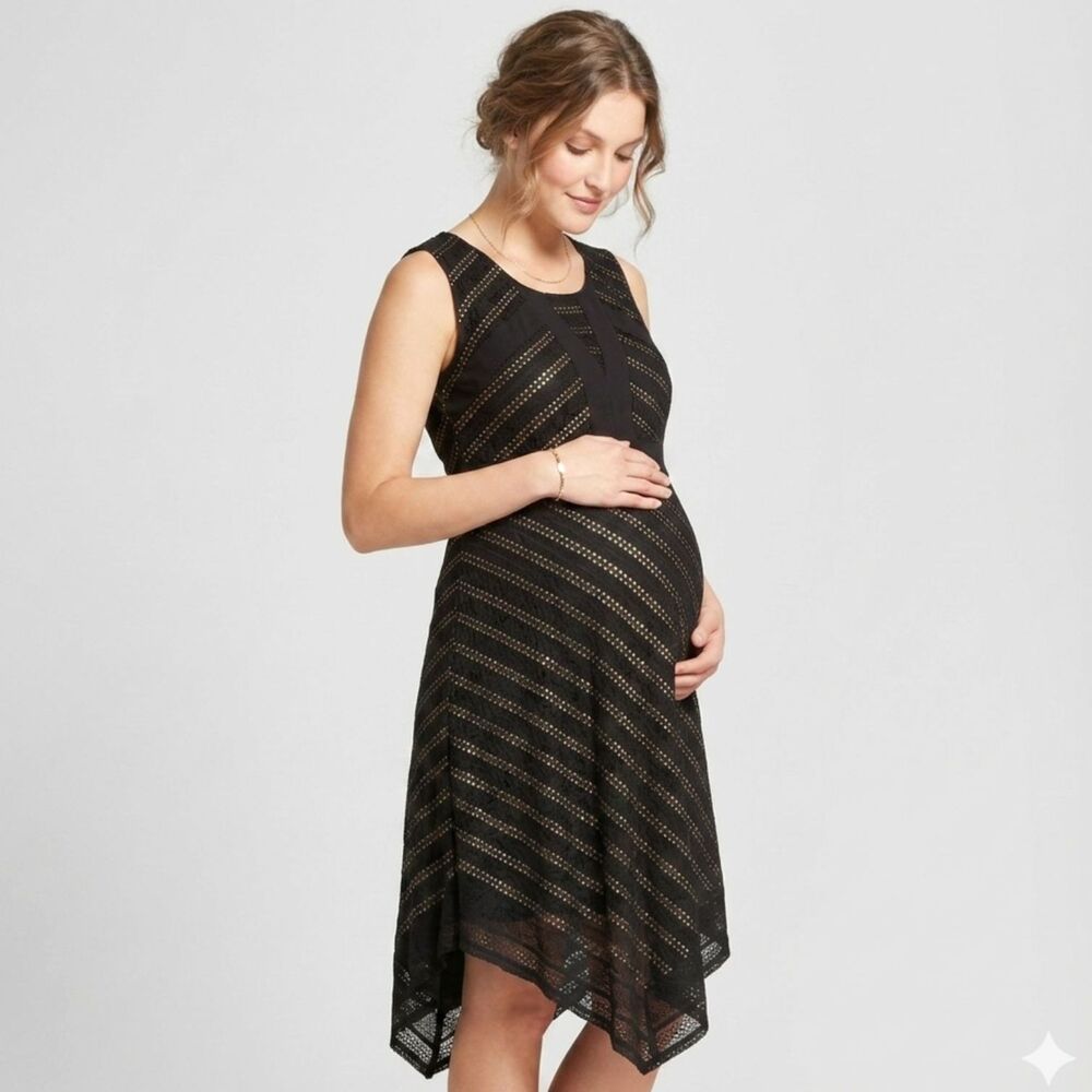 Motherhood Black Maternity Midi Dress S Geometric Lace Overlay Asymmetric Hem